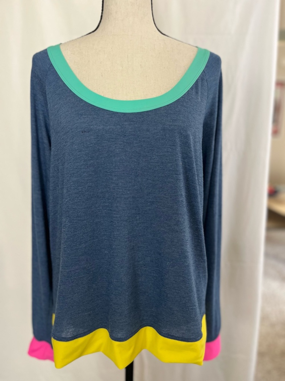 Colorblock Scoop Neck Long Sleeve Top - Navy, Teal, Yellow, Pink